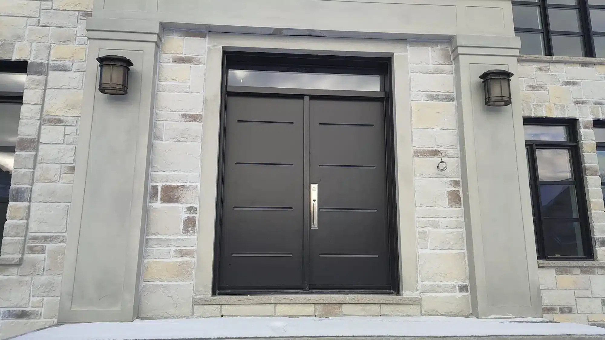 two section door with grey house